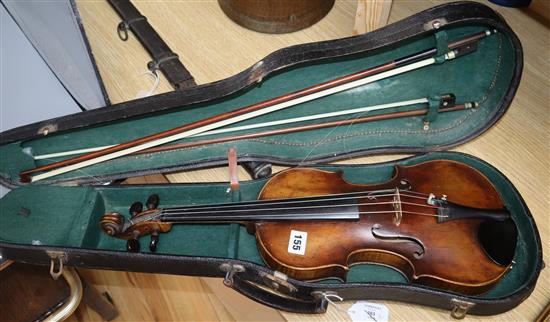 A late 19th / early 20th century Boosey & Co full size violin, cased with 2 bows